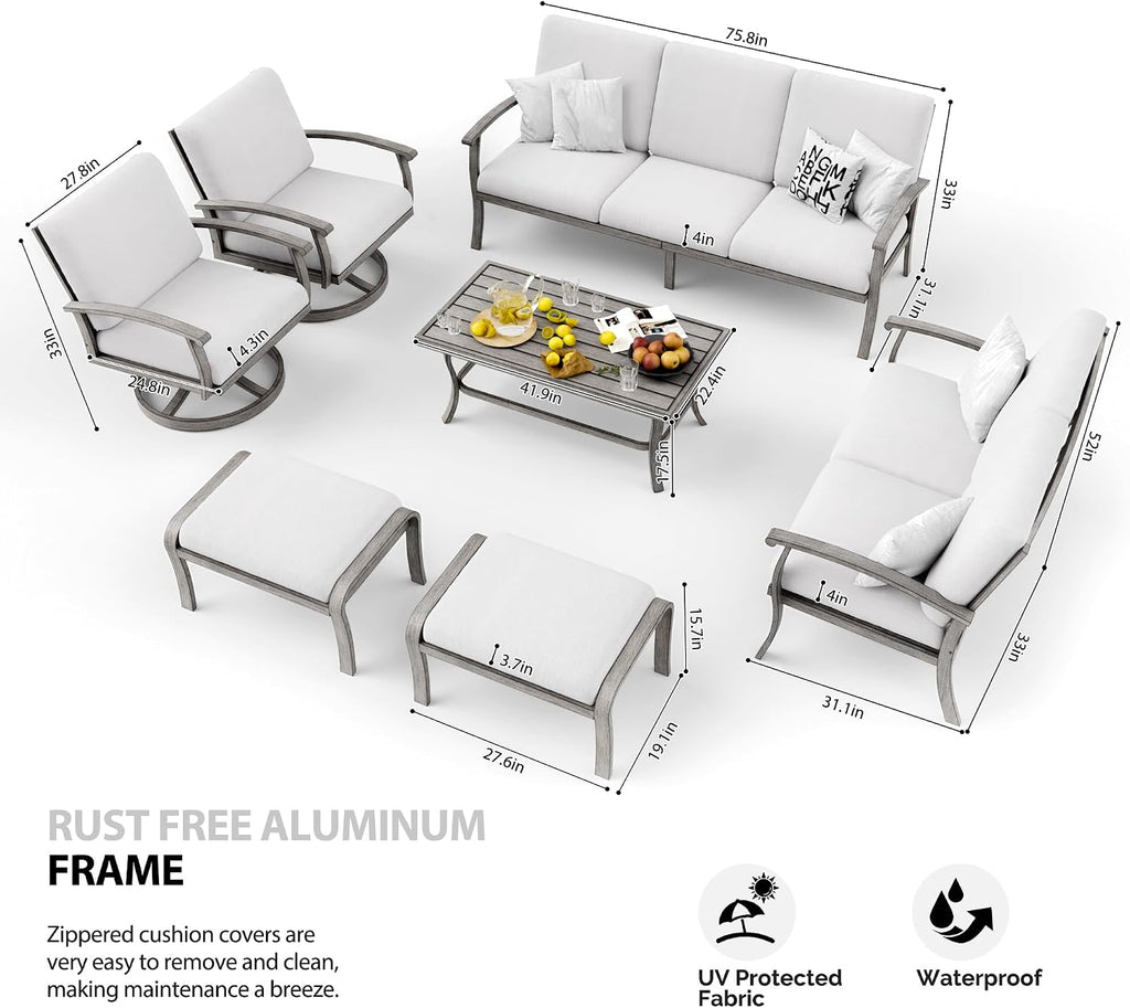 HAPPATIO 7 Piece Aluminum Patio Furniture Set, 3-Seat Outdoor Loveseat, Outdoor Sectional Sofa with Ottomans and Coffee Table, Garden Conversation Set with Swivel Armchairs for Lawn (Gray)