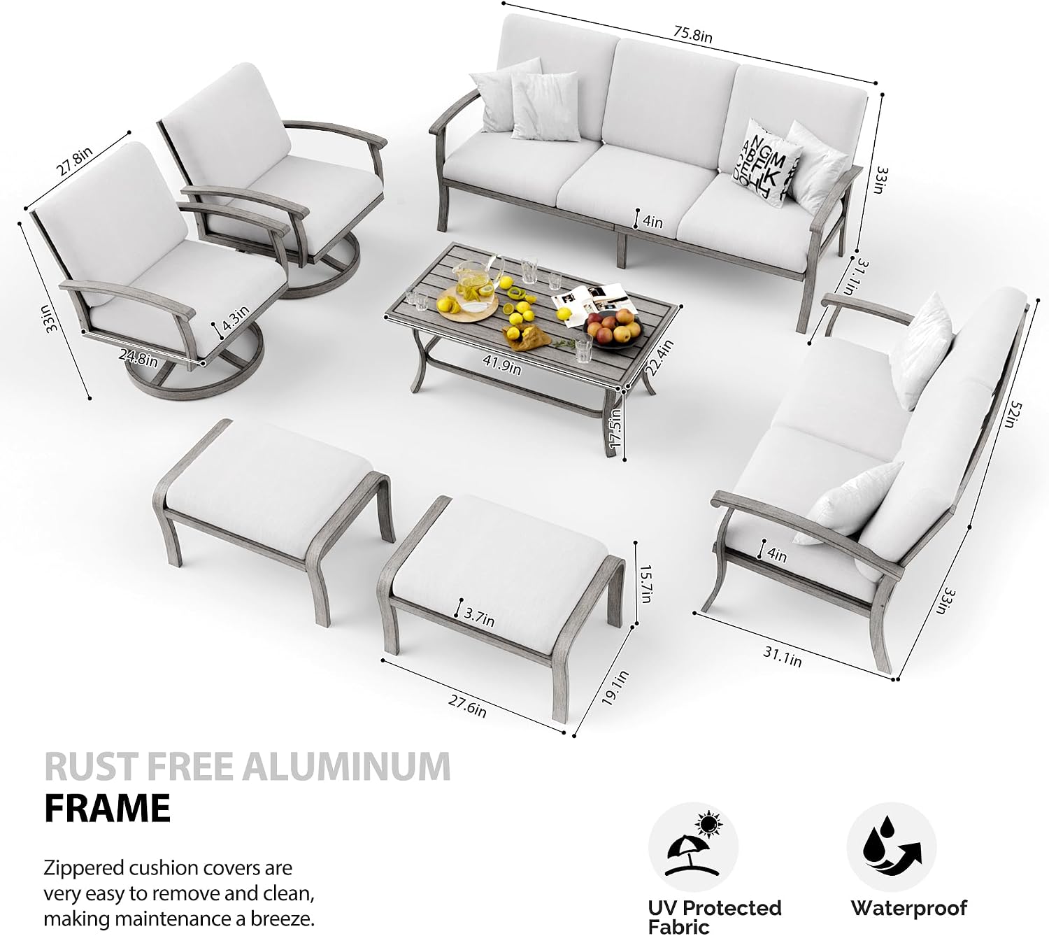 HAPPATIO 7 Piece Aluminum Patio Furniture Set, 3-Seat Outdoor Loveseat, Outdoor Sectional Sofa with Ottomans and Coffee Table, Garden Conversation Set with Swivel Armchairs for Lawn (Gray)