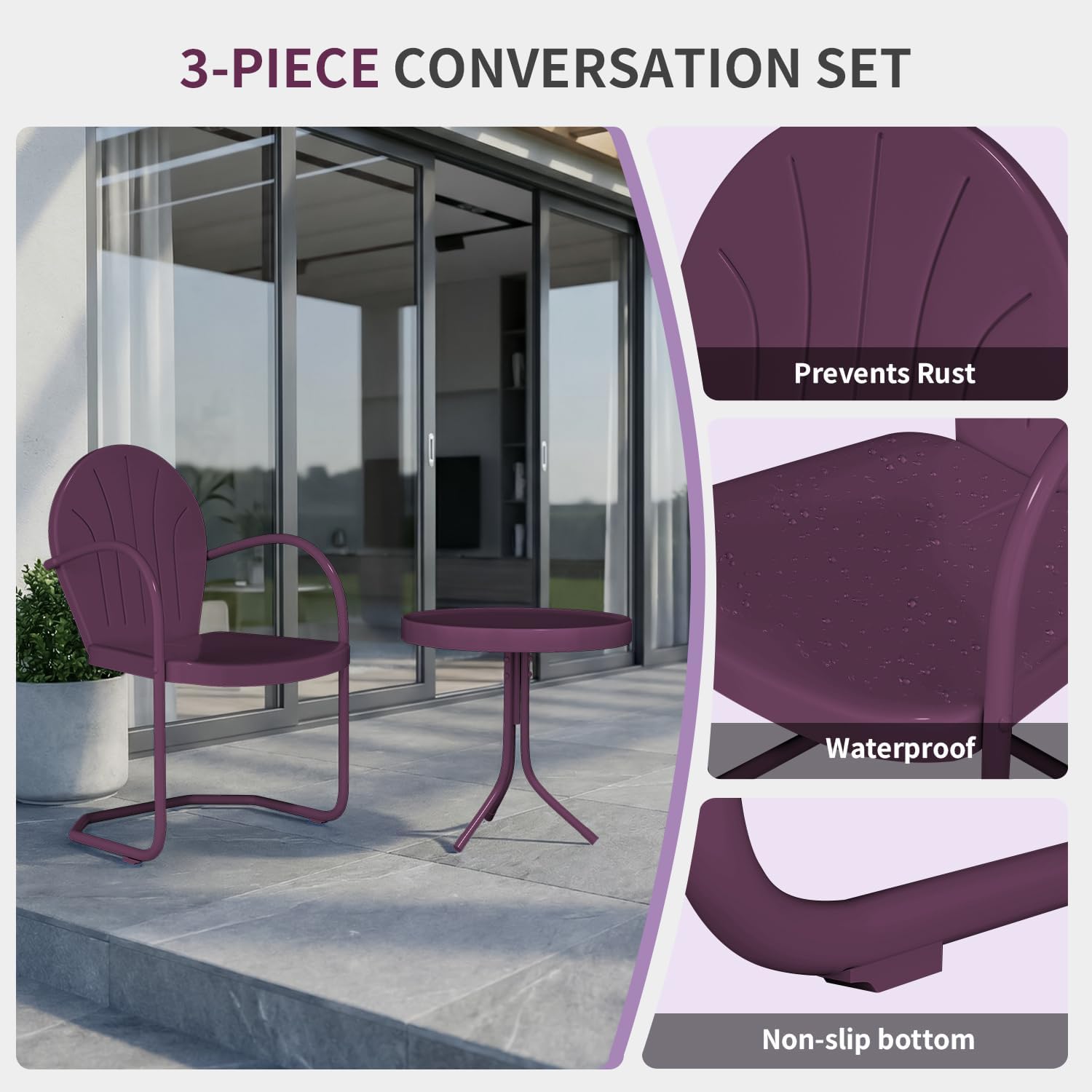Patio Bistro Set Retro Metal Outdoor Seating Conversation 3 Pieces, 2 C-Spring Motion Armchairs and Round Side Table, for Porch, Lawn, Garden, Purple