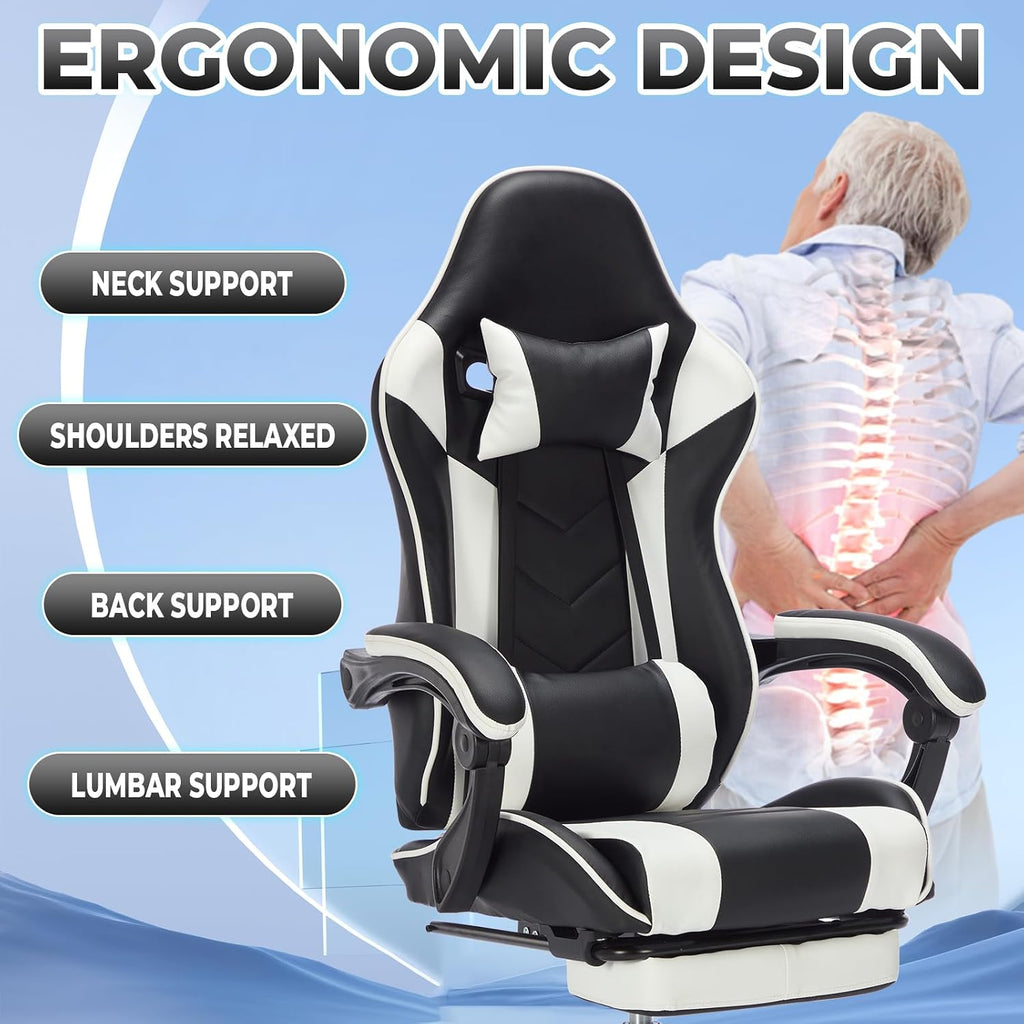 Gaming Chair with Footrest, Ergonomic Computer Chair with Headrest and Lumbar Support, Breathable Material Height Adjustable Swivel Video Game Chairs for Adults, 300lbs Max, Black & White