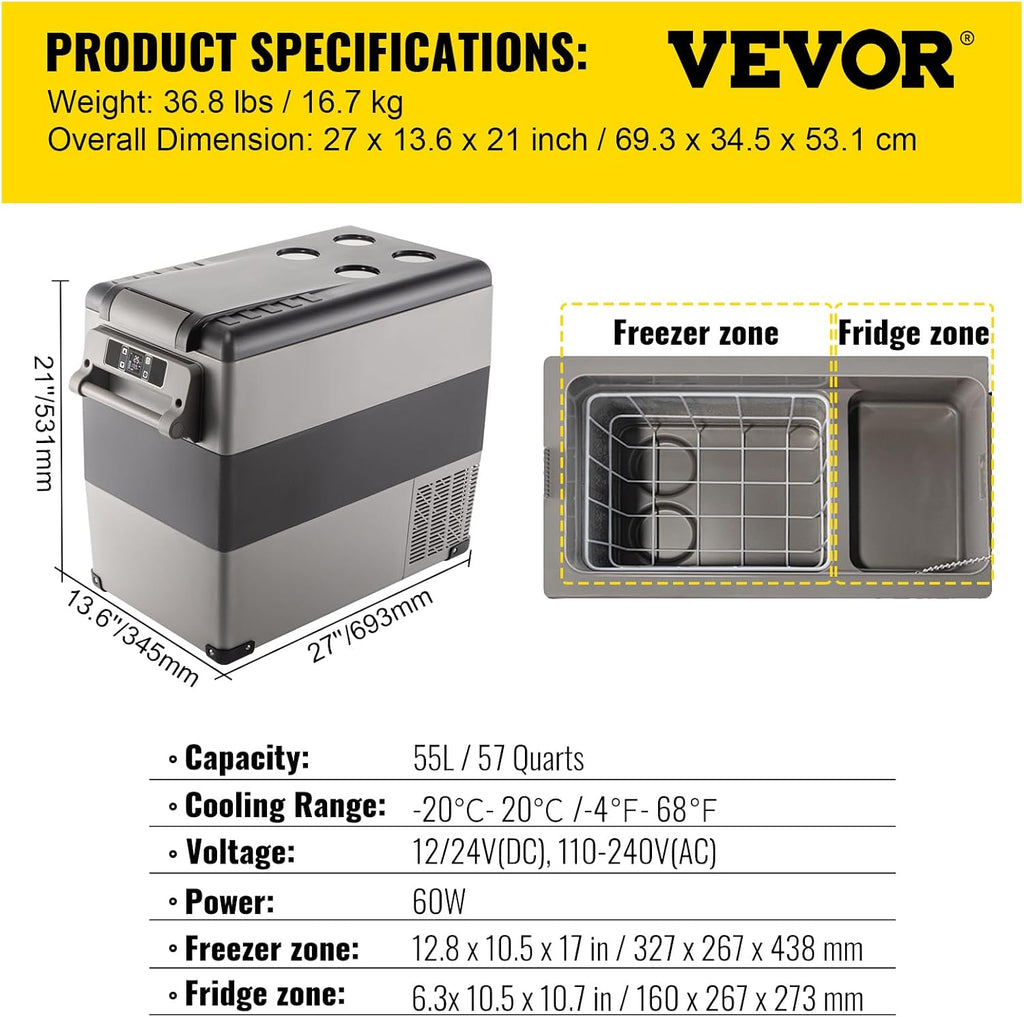 VEVOR CF55 12 Volt 58 Qt Refrigerator, Dual Zone Portable Compressor 12/24V DC and 110-240V AC, Freezer Fridge Cooler, for Car, Truck RV, Camping and Home Use, Black+Gray