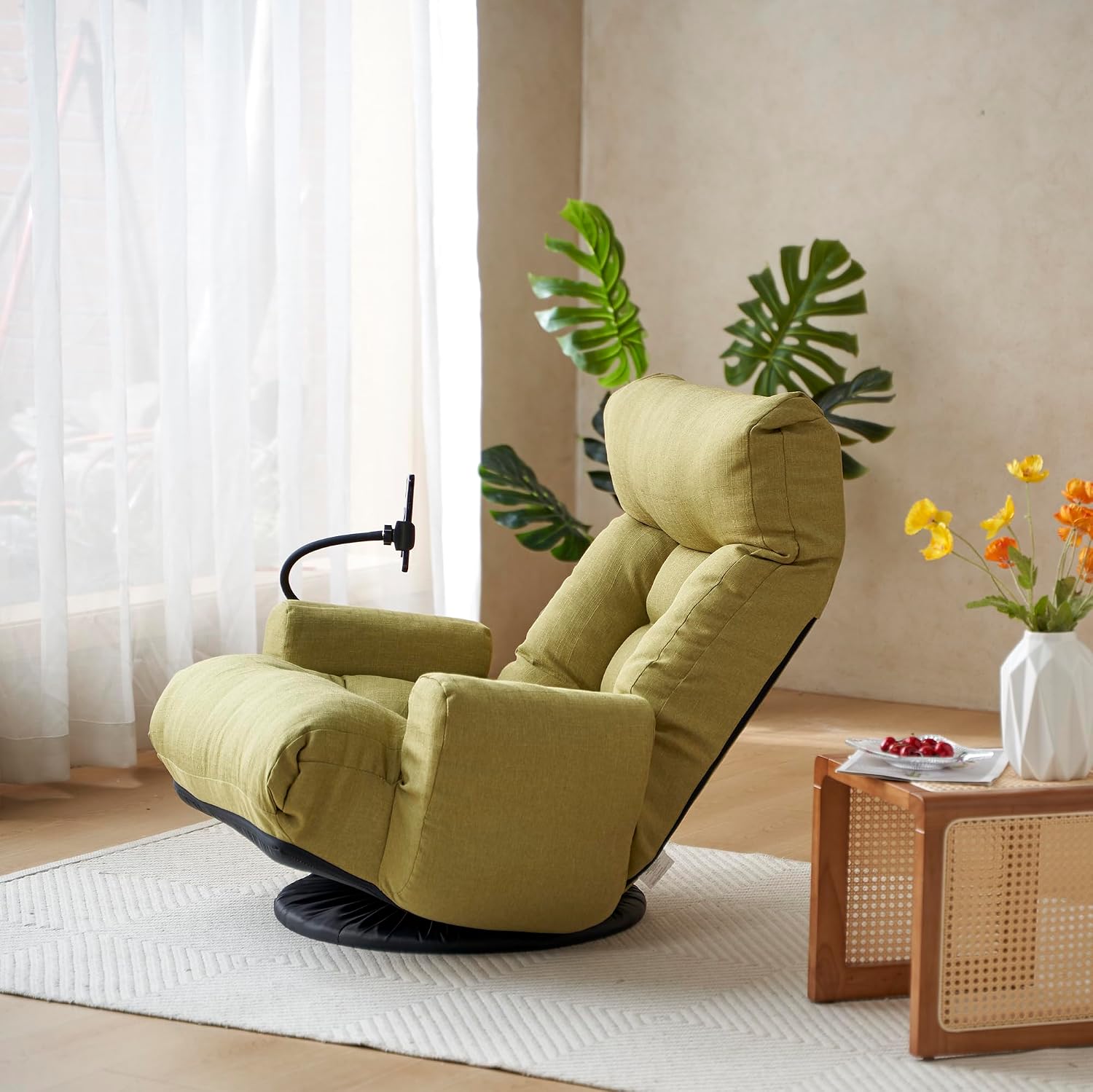 Floor Chair with Back Support, Swivel Gaming Chair with 5 Adjustable Position, Meditation Chair with Phone Holder, Linen Indoor Lounge Chair for Lazy Boys, Living Room, Bedroom, Lounge, Green