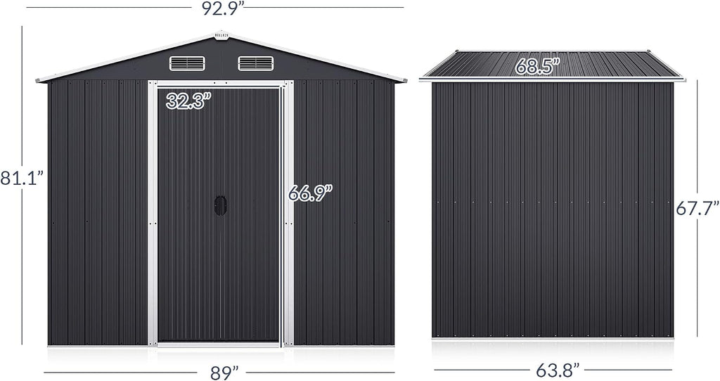 BELLEZE 8 x 6 FT Weatherproof Garden Storage Shed, Reinforced Outdoor Metal Shed with Air Vent and Lockable Door, Storage Shed for Store Bike, Tools, Lawnmower, Outdoor Chairs in Backyard, Patio