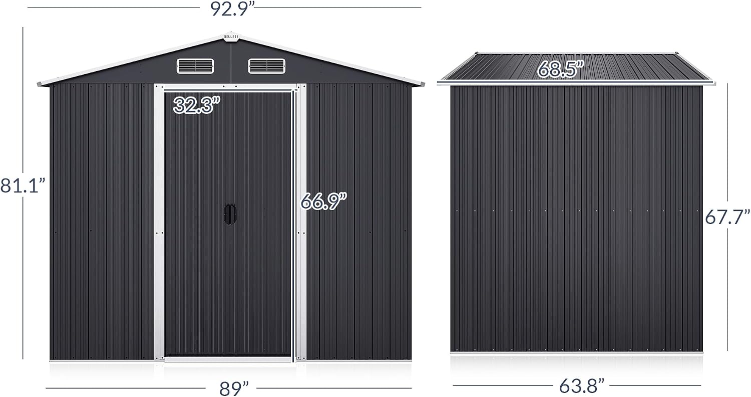 BELLEZE 8 x 6 FT Weatherproof Garden Storage Shed, Reinforced Outdoor Metal Shed with Air Vent and Lockable Door, Storage Shed for Store Bike, Tools, Lawnmower, Outdoor Chairs in Backyard, Patio
