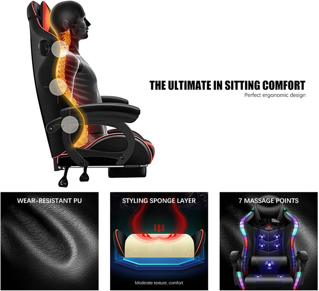 Video Gaming Chair with Speakers and RBG Lights,PC Chair with 7-Point Massage Lumbar Support and Footrest,Office Ergonomic Gaming Chair Adjustable Back and Armrest,Adult Gaming Chair.,White