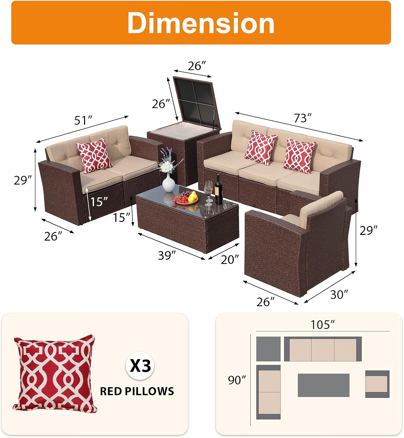Super Patio 8 Pieces Outdoor Patio Furniture Set, Wicker Patio Conversation Sets with Storage Box, Rattan Outdoor Sectional Sofa Set with Cushions and Coffee Table for Outside Porch, Deck, Brown