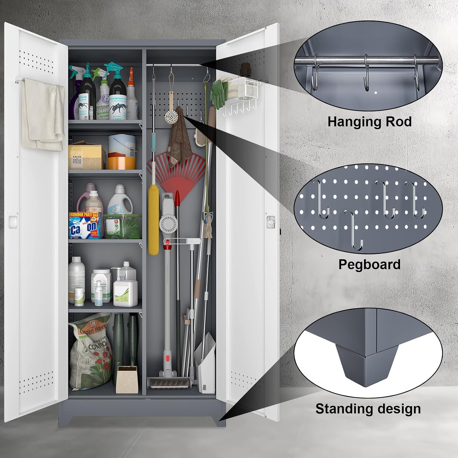 Broom Storage Cabinet, Metal Cabinet with Shelves and Hanging Rod, 72.8' Utility Cabinets with Locking Door, Tall Cleaning Storage for Kitchen, Pantry, Office, Shop, Garage
