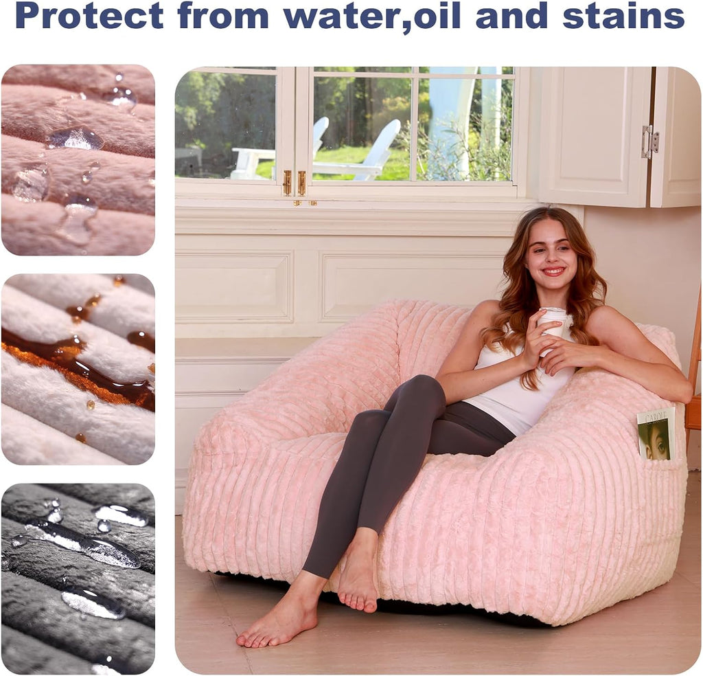 Bean Bag Chair with Memory Foam Filling- Large Stuffable Soft Giant Beanbag Reading Chair, Adults Lounge Gaming Lazy Sofa Bed for Living Room Bedroom- Pink,Stripe Fur