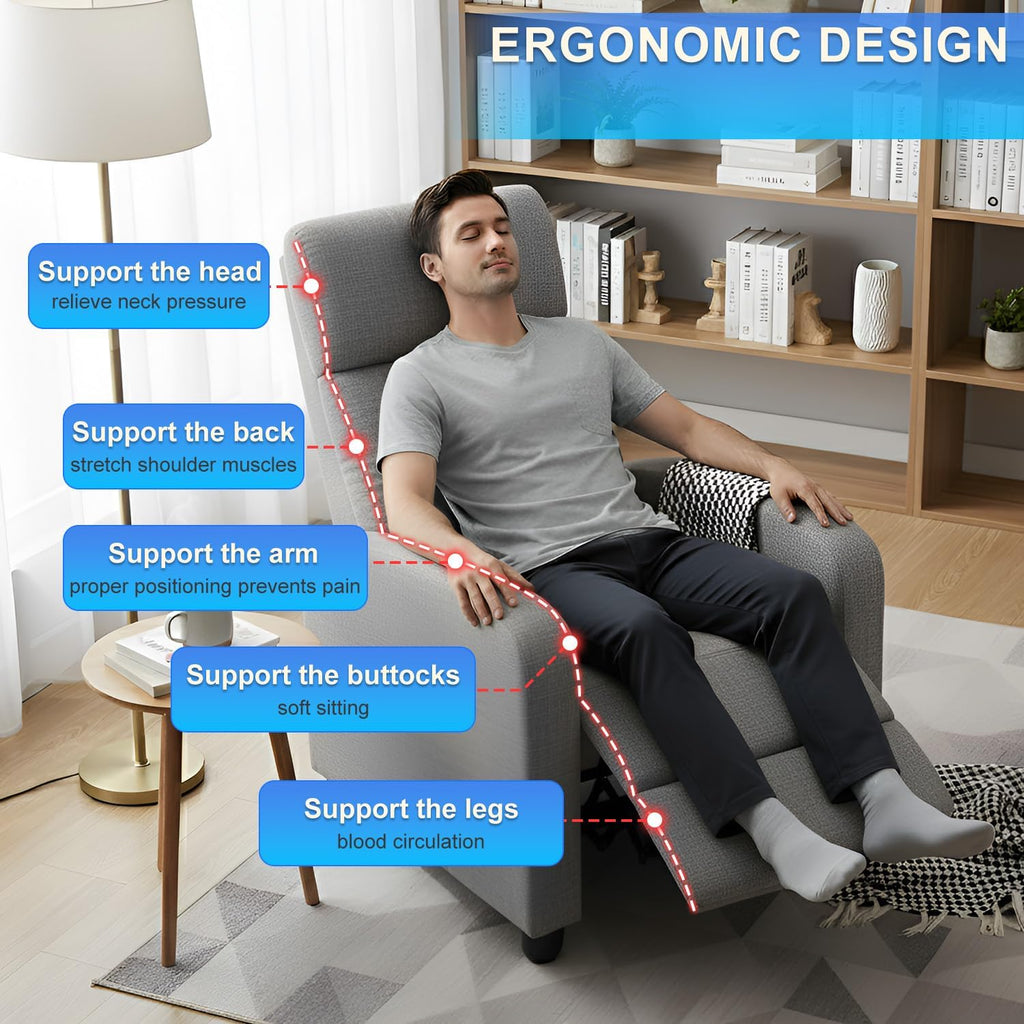 BestMassage | Recliner Chair | No Massage Function | Textile Grey | with Lumbar Support, Adjustable Push Back, Wide Armrests, Footrest & Padded Seat | Easy Assembly | for Living Room, Home Theatre