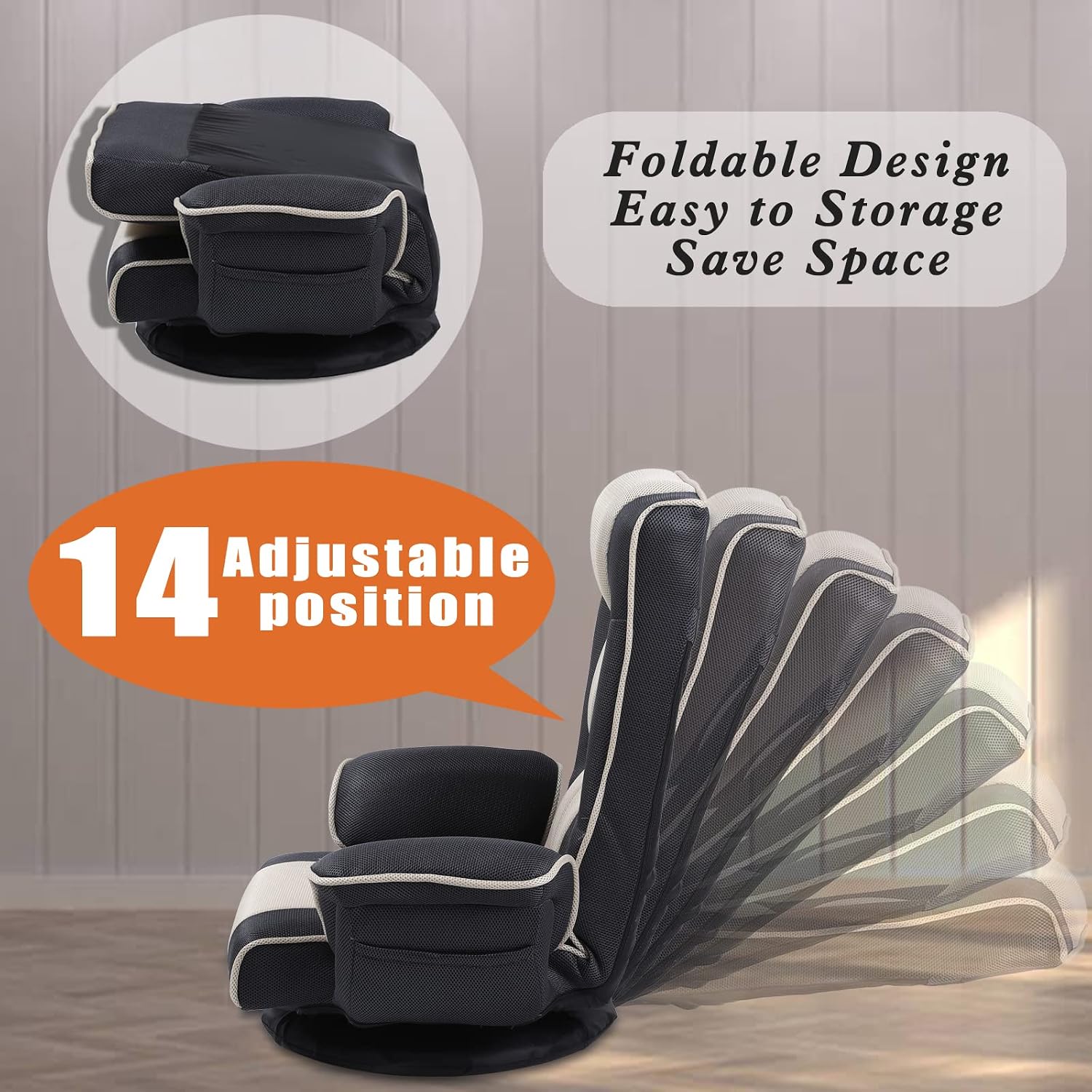 360 Degree Swivel Floor Chairs for Adults, Gaming Floor Chair with Back Support, 14 Angles Adjustable Comfortable Floor Lounge Chair Folding Video Game Chairs Office Bedroom 201(Grey)