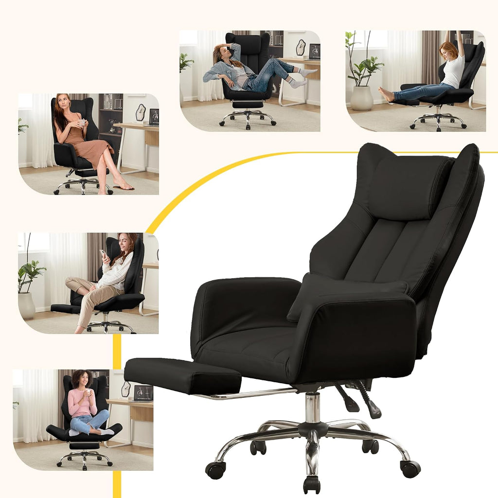 Ergonomic Cross Legged Office Chair with Footrest,Big and Tall Leather Executive Chair with Reversible Armrest,Lumbar Pillow and Wheels,155° Reclining Computer Wide Desk Chair for Home,Office (Black)