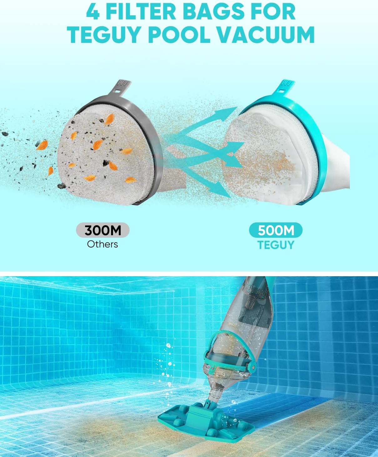 Cordless Pool Vacuum with Telescopic Pole, 18.5 GPM Powerful Suction, 1.5H Supercharge Technology, Handheld Pool Vacuum Cleaner for Above Ground/Inground Pools, Hot Tubs, Green