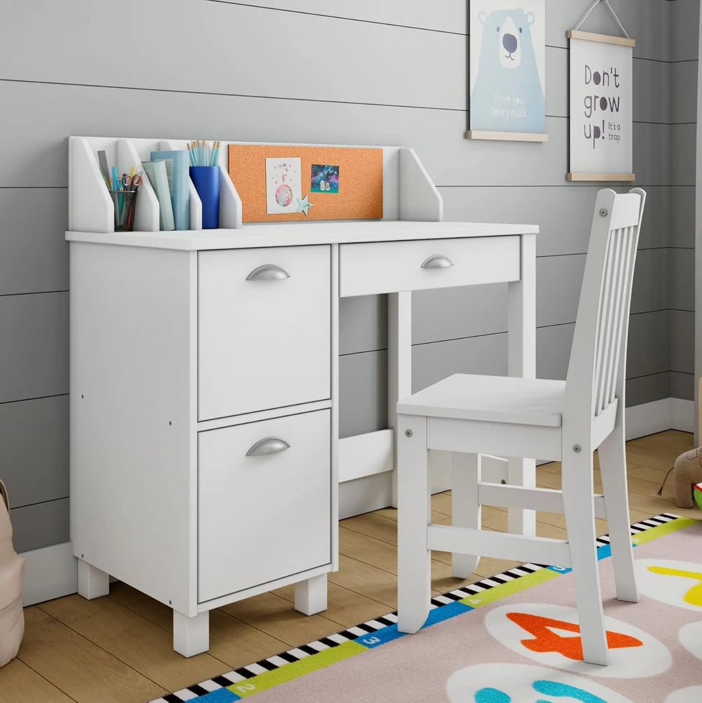 Wooden Study Desk Chair Set For Kids, Writing Desk With Storage Cabinet – Computer And Gaming Workstation Table With Drawers For Bedroom, Study Room, Homeschool (White/Rectangular)