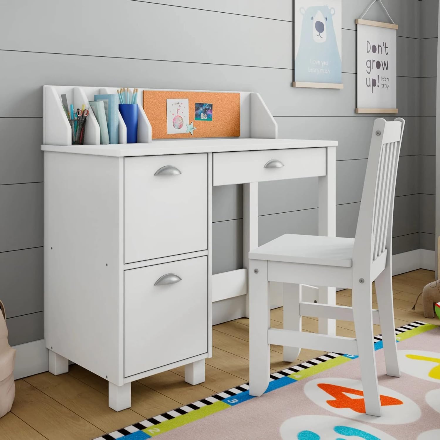 Wooden Study Desk Chair Set For Kids, Writing Desk With Storage Cabinet – Computer And Gaming Workstation Table With Drawers For Bedroom, Study Room, Homeschool (White/Rectangular)