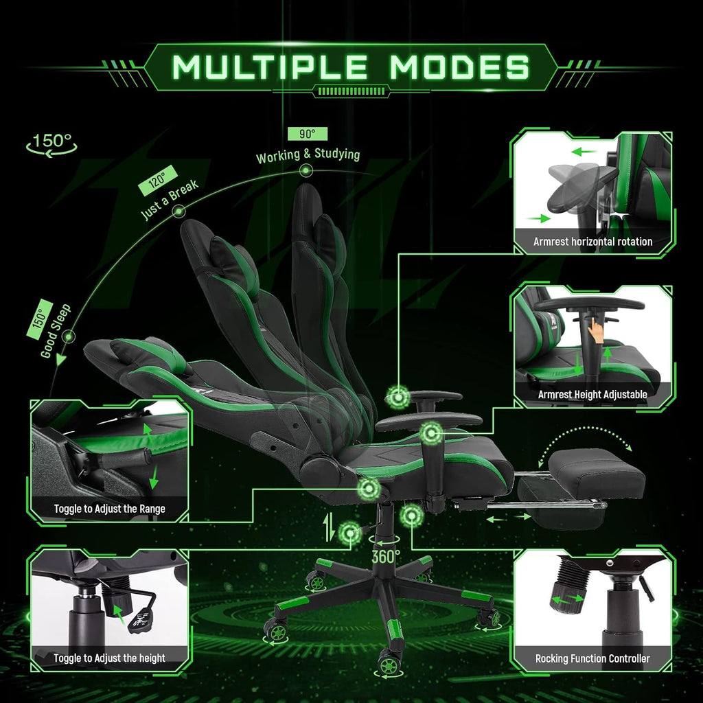 Gaming Chair High Back Ergonomic Computer Racing Chair Adjustable Office Chair with Footrest, Lumbar Support Swivel Chair - Upgraded Version Blackgreen