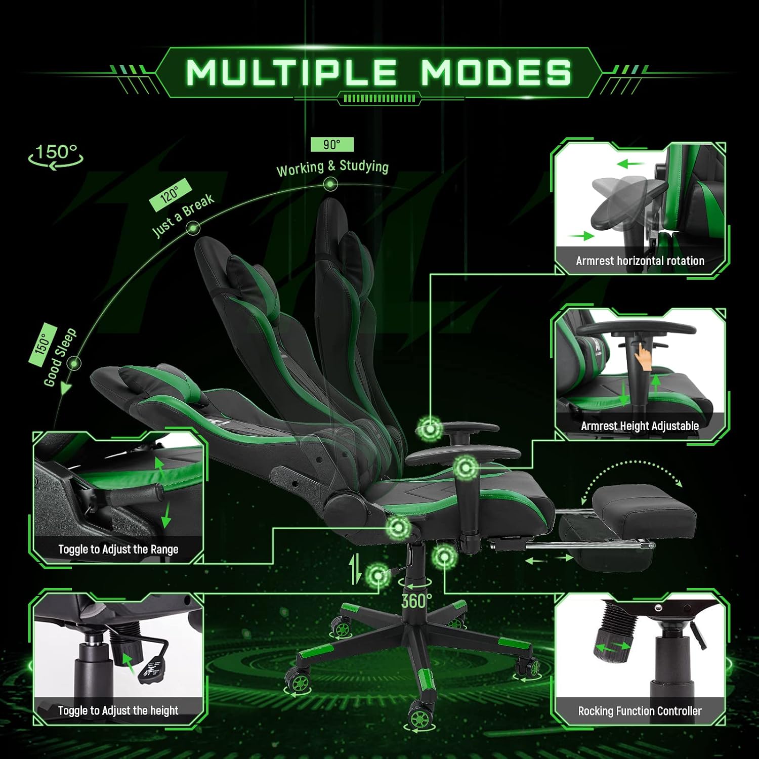 Gaming Chair High Back Ergonomic Computer Racing Chair Adjustable Office Chair with Footrest, Lumbar Support Swivel Chair - Upgraded Version Blackgreen
