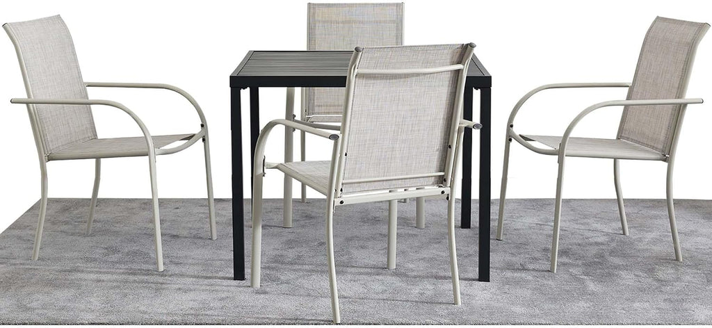 5 Pieces Patio Dining Set for 4, Grey Patio Stackable Chairs and Black Square Table Set of 4, Outdoor Furniture Set with Sling Support for Outside, Garden