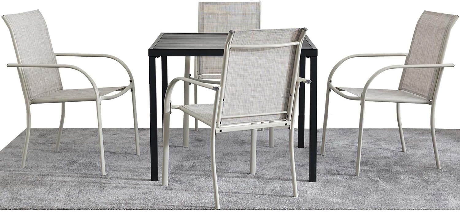 5 Pieces Patio Dining Set for 4, Grey Patio Stackable Chairs and Black Square Table Set of 4, Outdoor Furniture Set with Sling Support for Outside, Garden