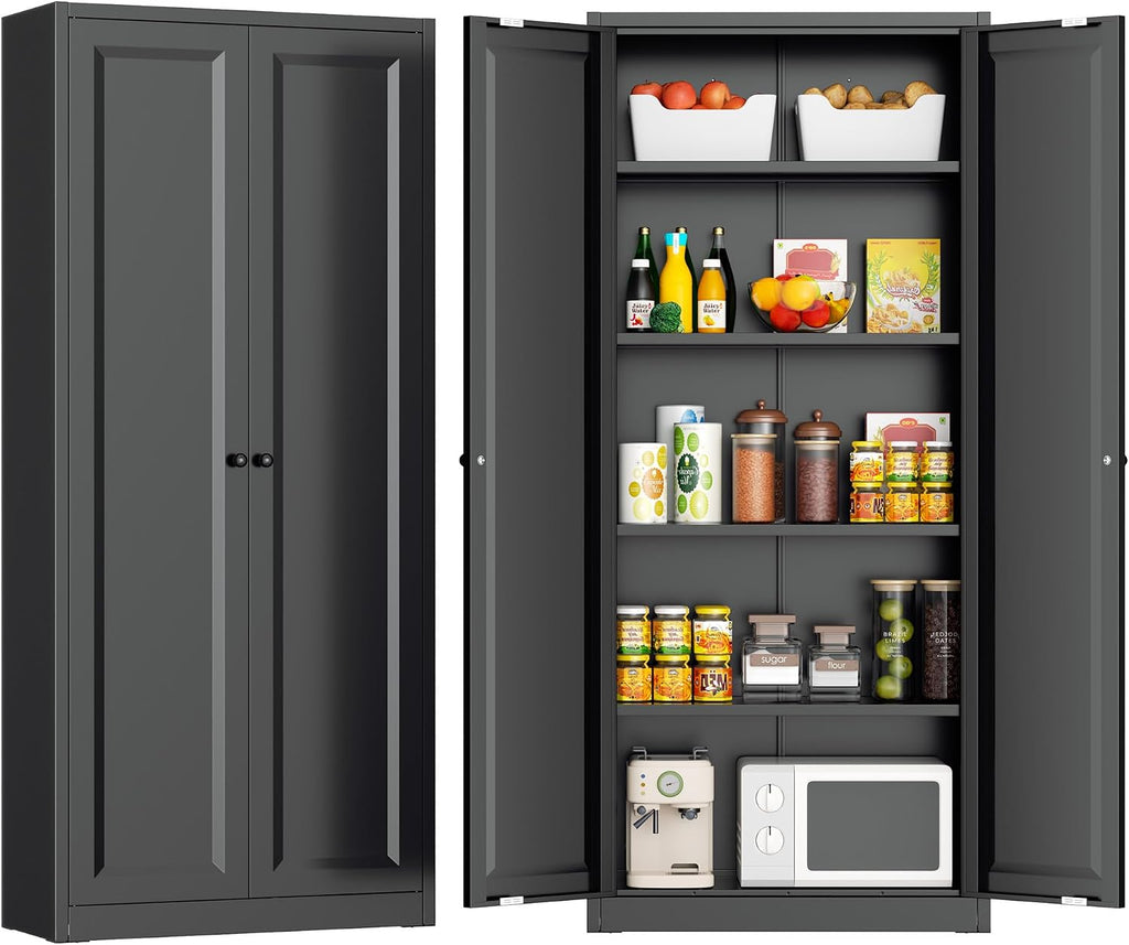 Greenvelly 63' H Black Metal Pantry Storage Cabinet, Locking Metal Cabinet with 4 Adjustable Shelves and 2 Doors for Kitchen, Home, Garage, Pantry