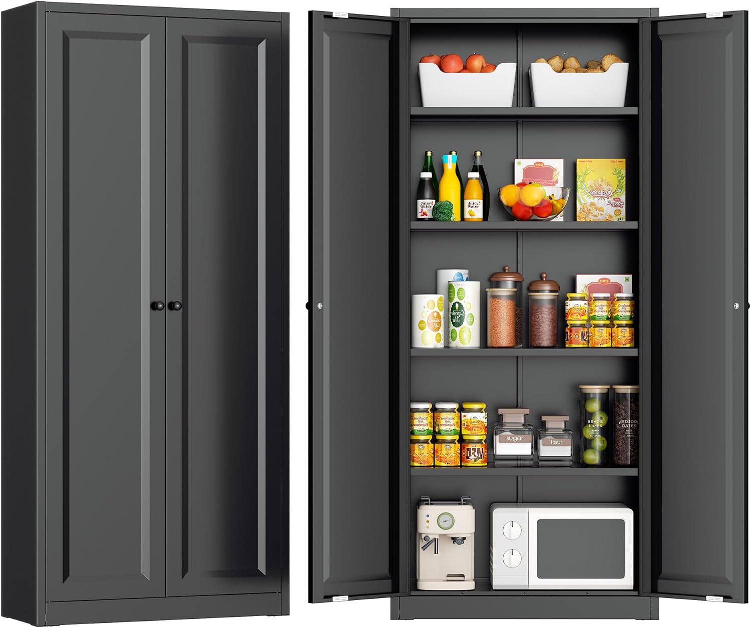Greenvelly 63' H Black Metal Pantry Storage Cabinet, Locking Metal Cabinet with 4 Adjustable Shelves and 2 Doors for Kitchen, Home, Garage, Pantry