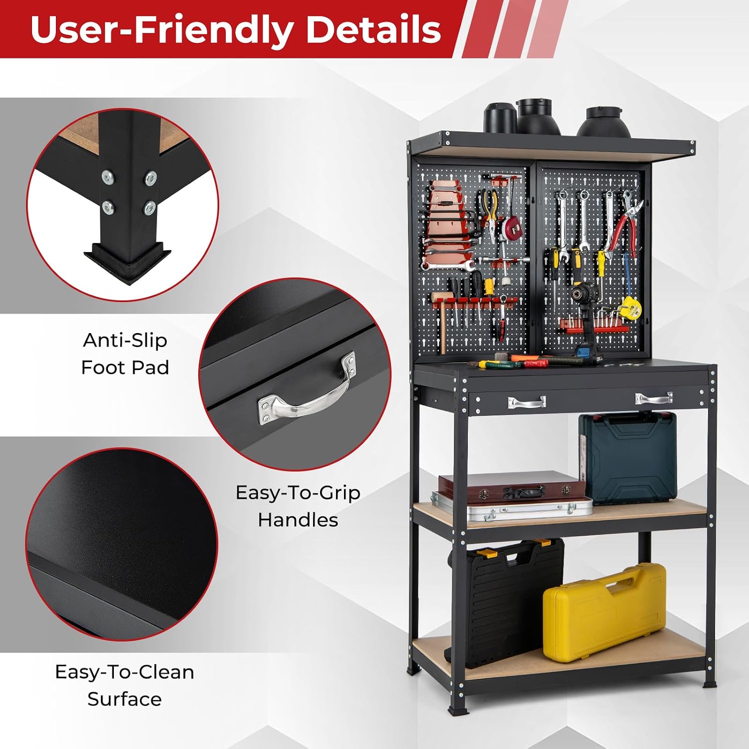 Goplus Workbench, Work Table with Drawer, Pegboard, Hanging Accessories, Topping Space, 4-Tier Heavy Duty Metal Tool Storage Bench, Work Benches for Garage, Workshop (Red, 32' x 16' with Drawer)