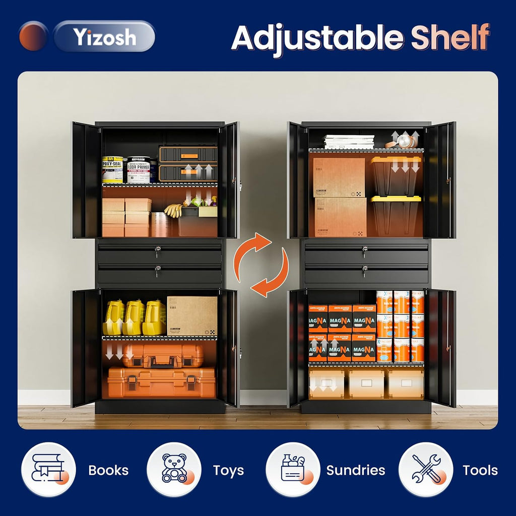 Yizosh Metal Garage Storage Cabinet with Locking Doors and Adjustable Shelves, 71' Tool Storage Cabinet with 2 Drawer for Garage,Warehouse