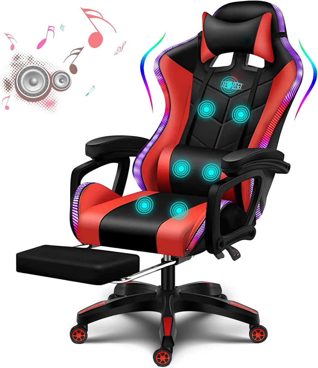 Gaming Chair with Speakers Gamer Chair LED Lights PU Leather Recliner Chair 360°Swivel Function Ergonomic Video Game Chairs with Headrest Armrest Massage Office Chair Computer Chair,Red
