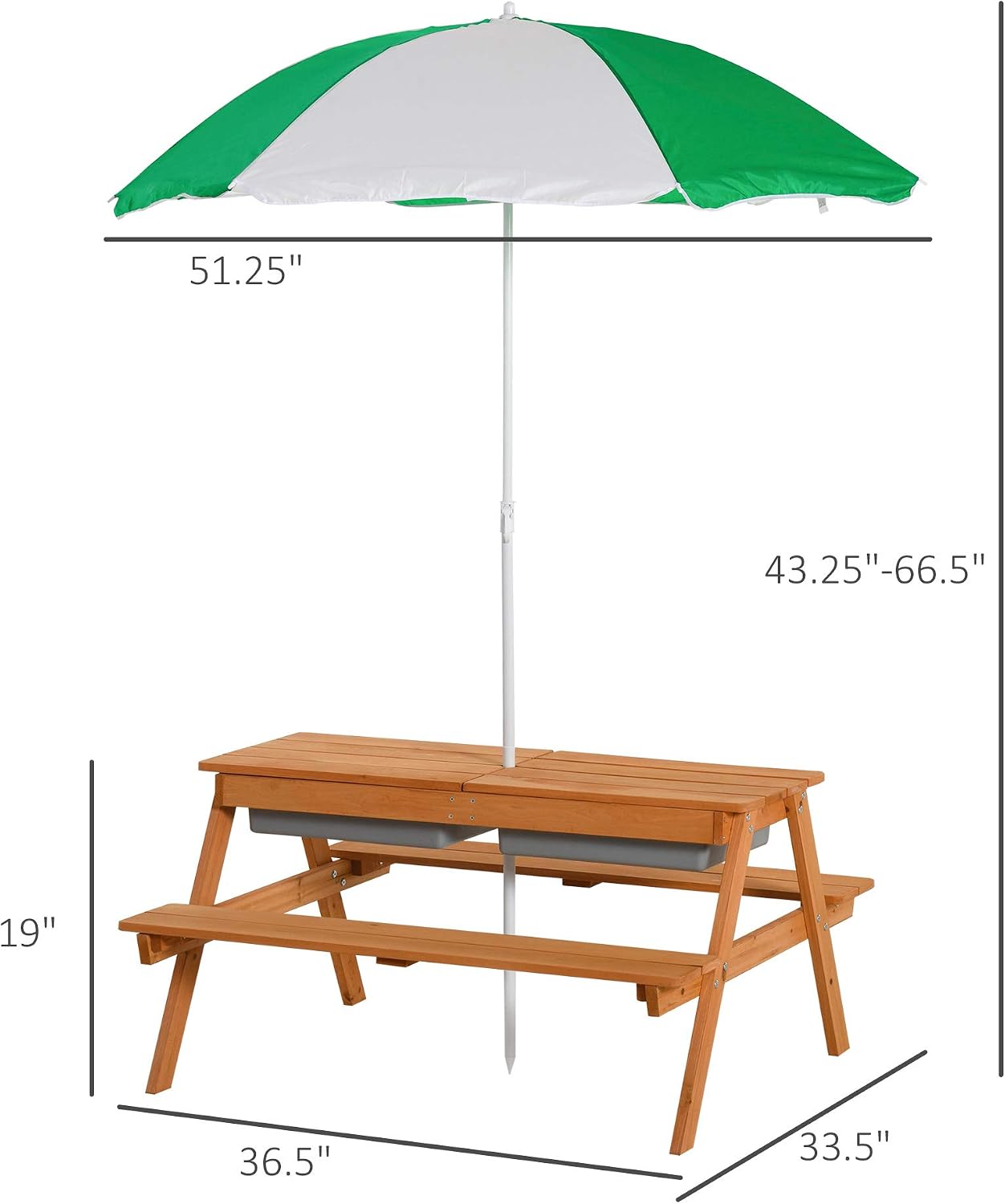 Outsunny Kids 3 in 1 Sand and Water Table, Wooden Outdoor Convertible Picnic Table with Umbrella and Storage Inside, Bench Backyard Furniture for Garden, Patio, or Balcony