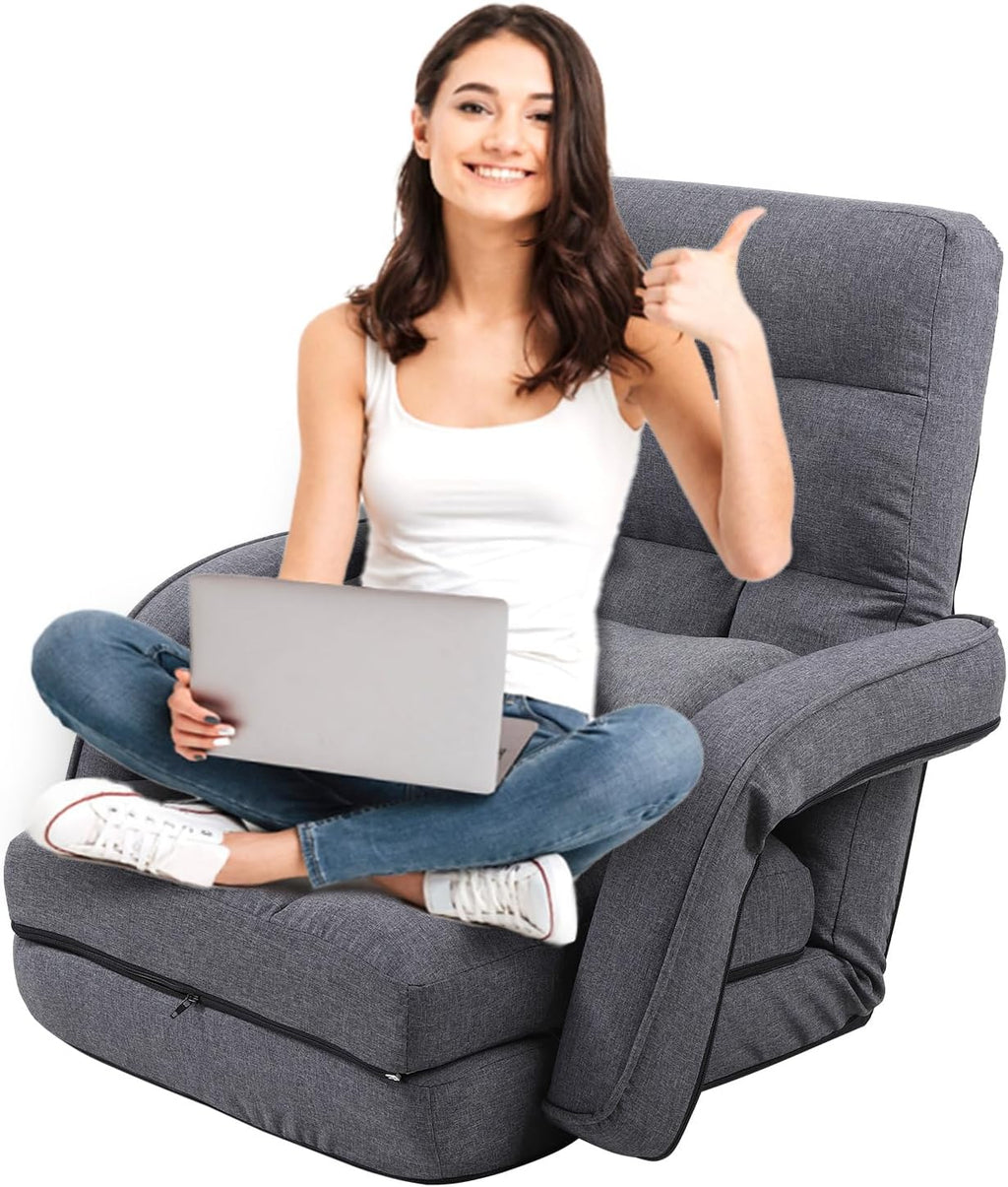 14-Position Adjustable Floor Chair, Chaise Lounge Indoor, Folding Lazy Sofa with Armrests and a Pillow Padded Adults Gaming Chairs for Living Room, Bedroom Factory Price,8803 (Grey)