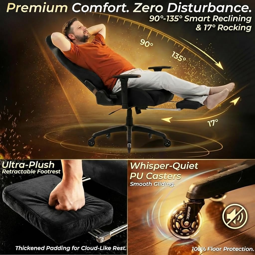 Dowinx Big and Tall Gaming Chair with Suede Fabric Breathable, Game Chairs for Adults with Oversized Thick Seat for 440lbs, Ergonomic Gamer Chair for Streaming & Long Gaming Sessions, Matte Black