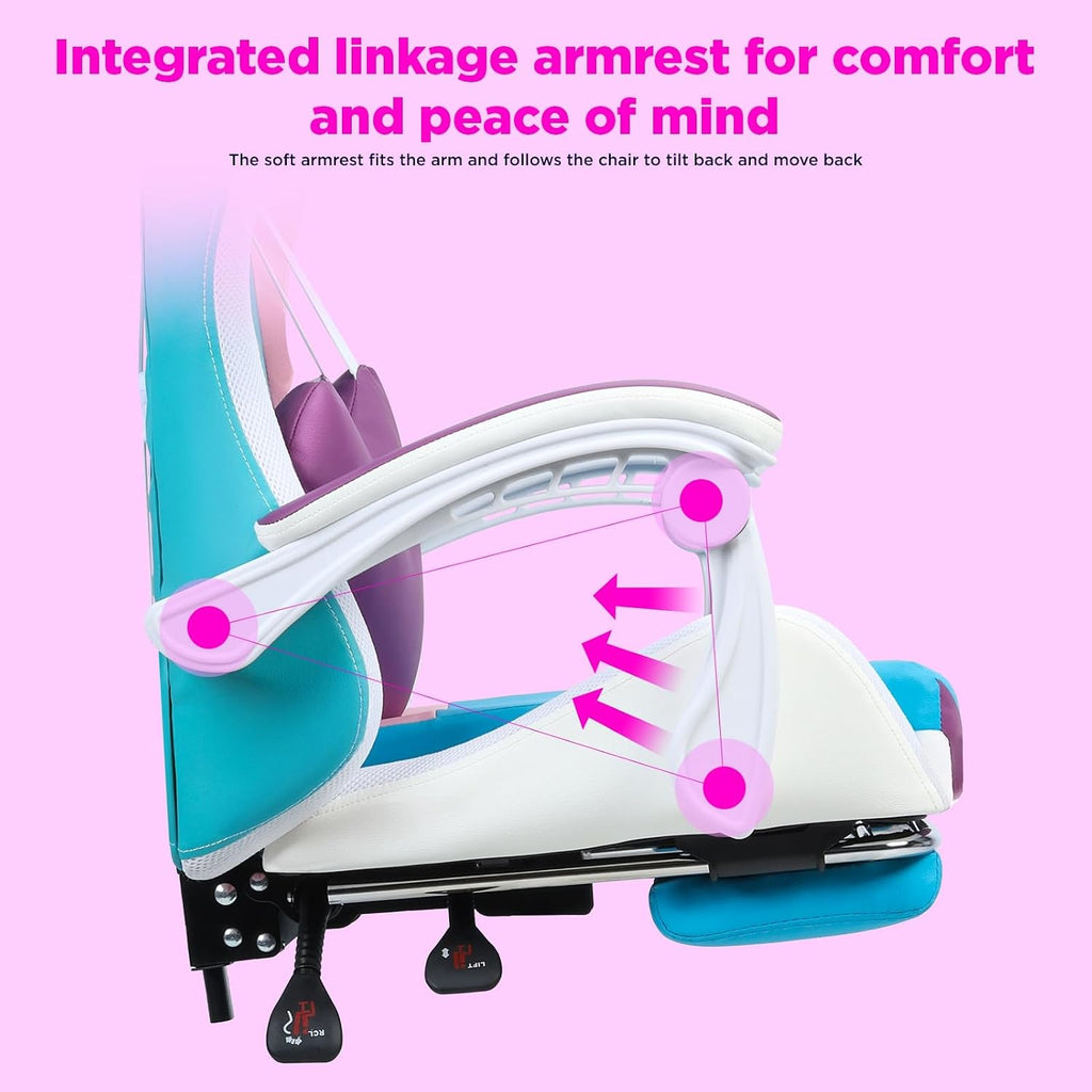 Video Game Chairs with LED Lights, Girl Video Chair, Adult Ergonomic Computer Chair Footrest, Reclining High Back Video Game Chair with with Massage and Footrest Purple