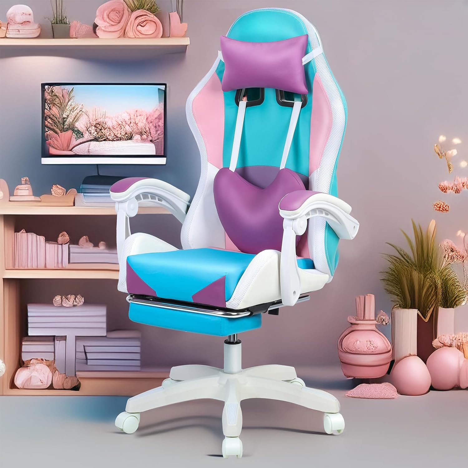 Gaming Chairs for Adults Racing Style Computer Chair Ergonomic, Gamer Chairs for Adults Remote Control, High Back Reclining Office Gaming Chair with Footrest and Headrest (Purple)