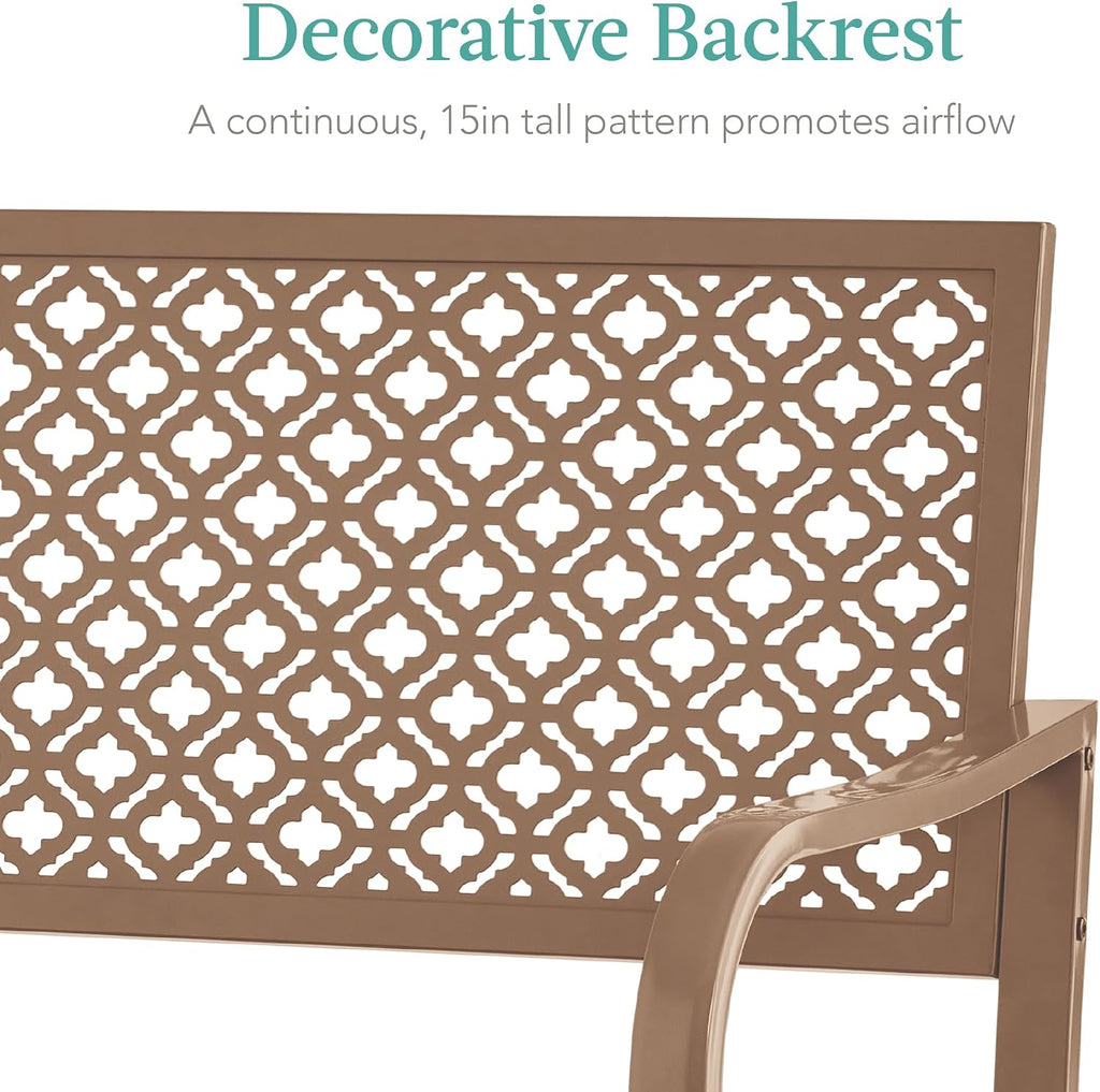 Best Choice Products Outdoor Bench 2-Person Metal Steel Benches Furniture for Garden, Patio, Porch, Entryway w/Geometric Backrest, 790lb Capacity - Taupe