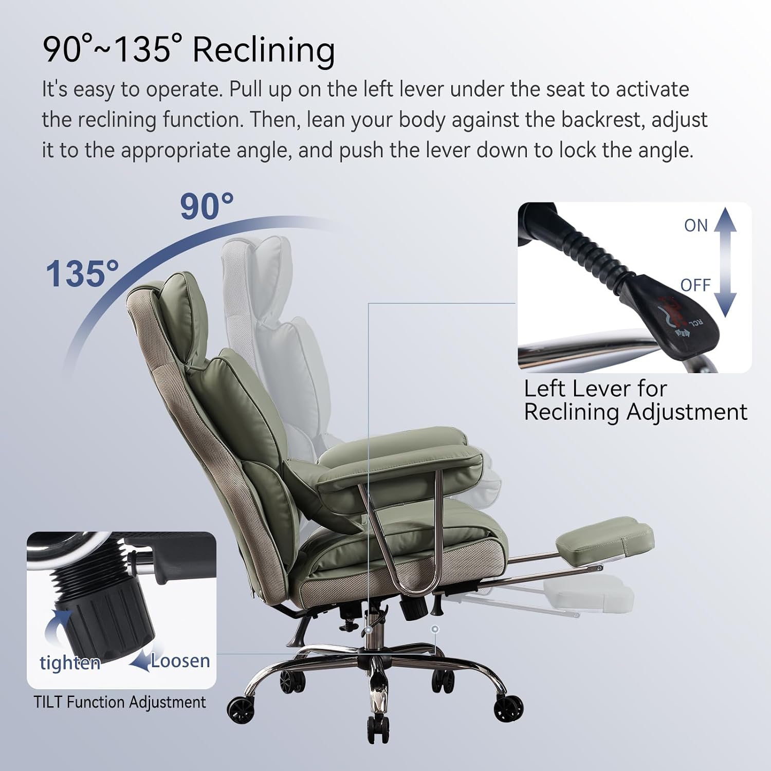Efomao Executive Office Chair for Heavy People, High Back Computer Chair with Foot Rest, Height Adjustable PU Leather Office Chair,Big and Tall Office Chair (Green)