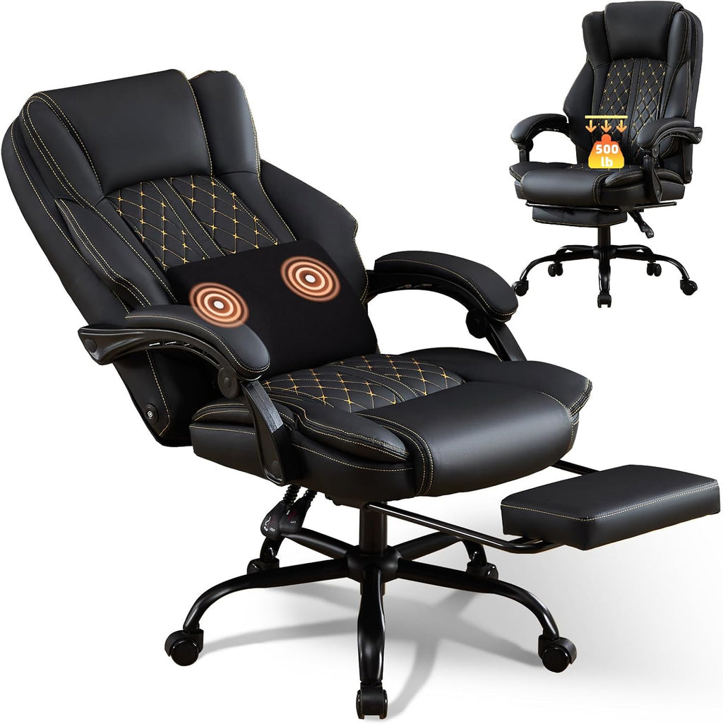 Massage Office Chair with Foot Rest, Dual Kneading Lumbar Massage Ergonomic Office Chair, 500LBS Big and Tall Reclining Desk Chair with Pet Scratch-Resistant Leather and Pillow for Home Office