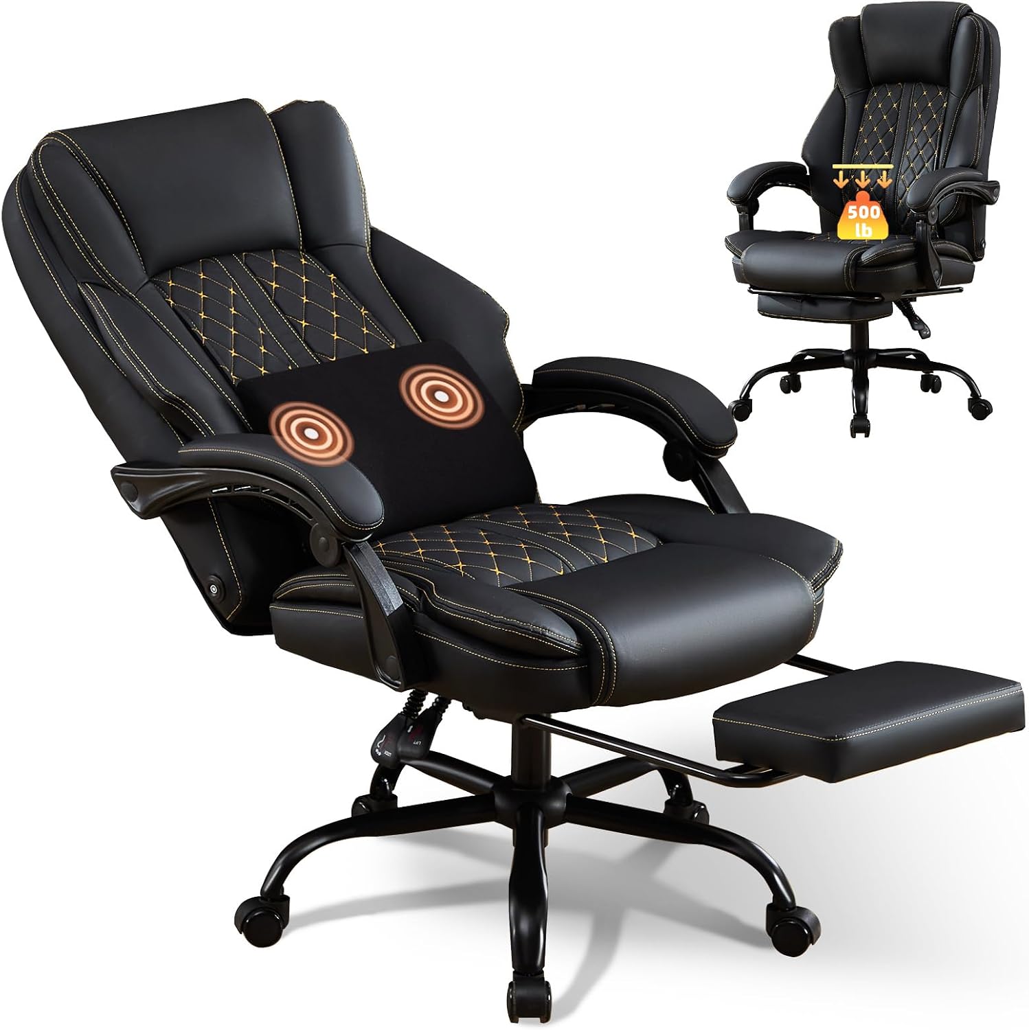 Massage Office Chair with Foot Rest, Dual Kneading Lumbar Massage Ergonomic Office Chair, 500LBS Big and Tall Reclining Desk Chair with Pet Scratch-Resistant Leather and Pillow for Home Office
