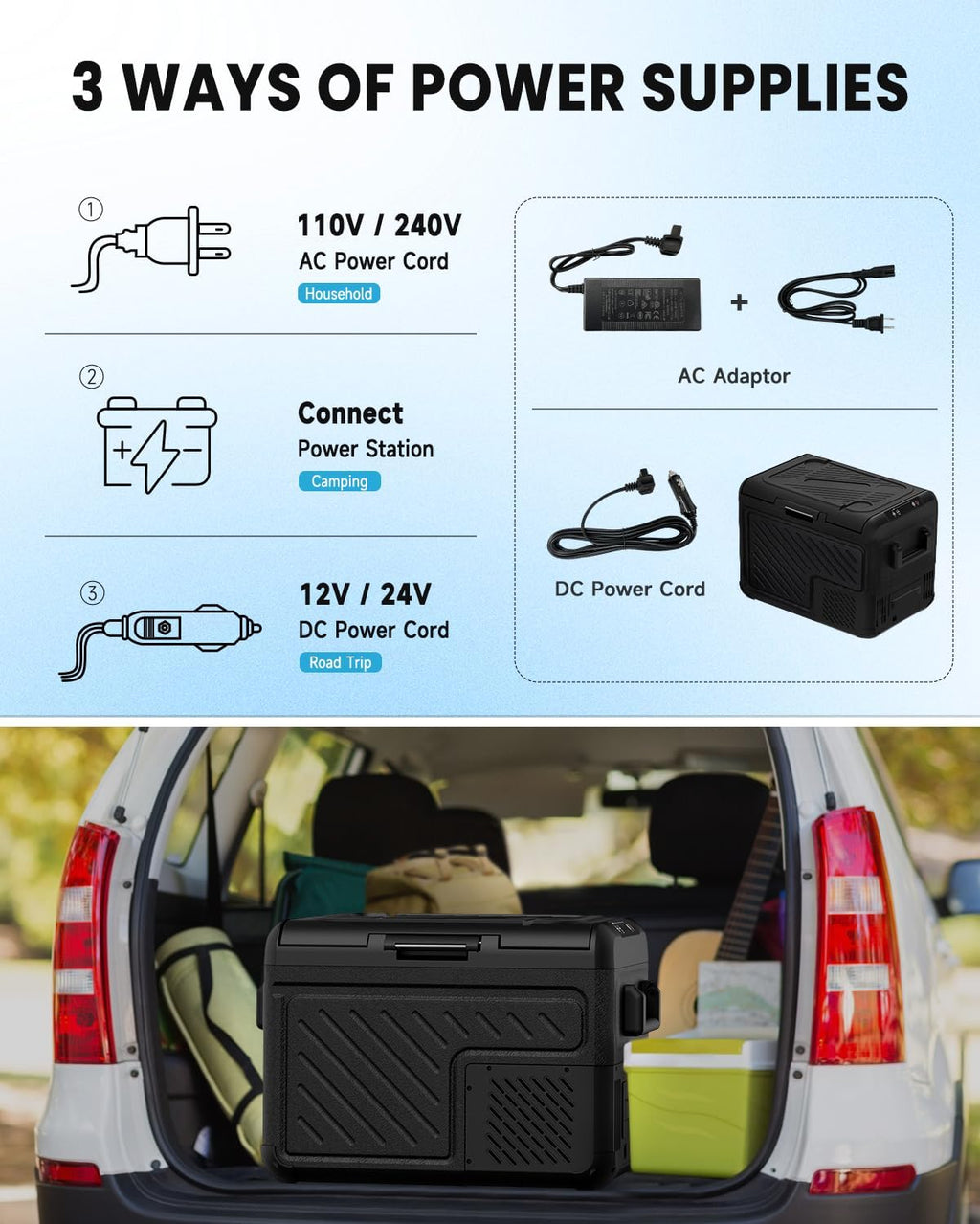 SubSun Portable Car Refrigerator, Car Refrige(-8℉~68℉), Electric Compressor Cooler 12V/24V DC and 110-220V AC for Camping, Road Trip, Boat, Skincare, Outdoor and Home (53 Quart)