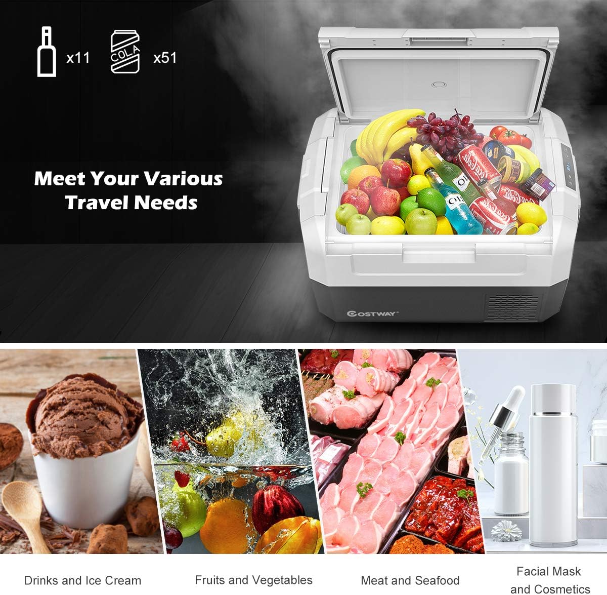 COSTWAY Portable Car Refrigerator, -14.8°F to 50°F, 37-Quart Compressor Travel Fridge with Two-way Open Door, Operating Panel, Groove Design, Compact RV Freezer and Cooler for Outdoor Use