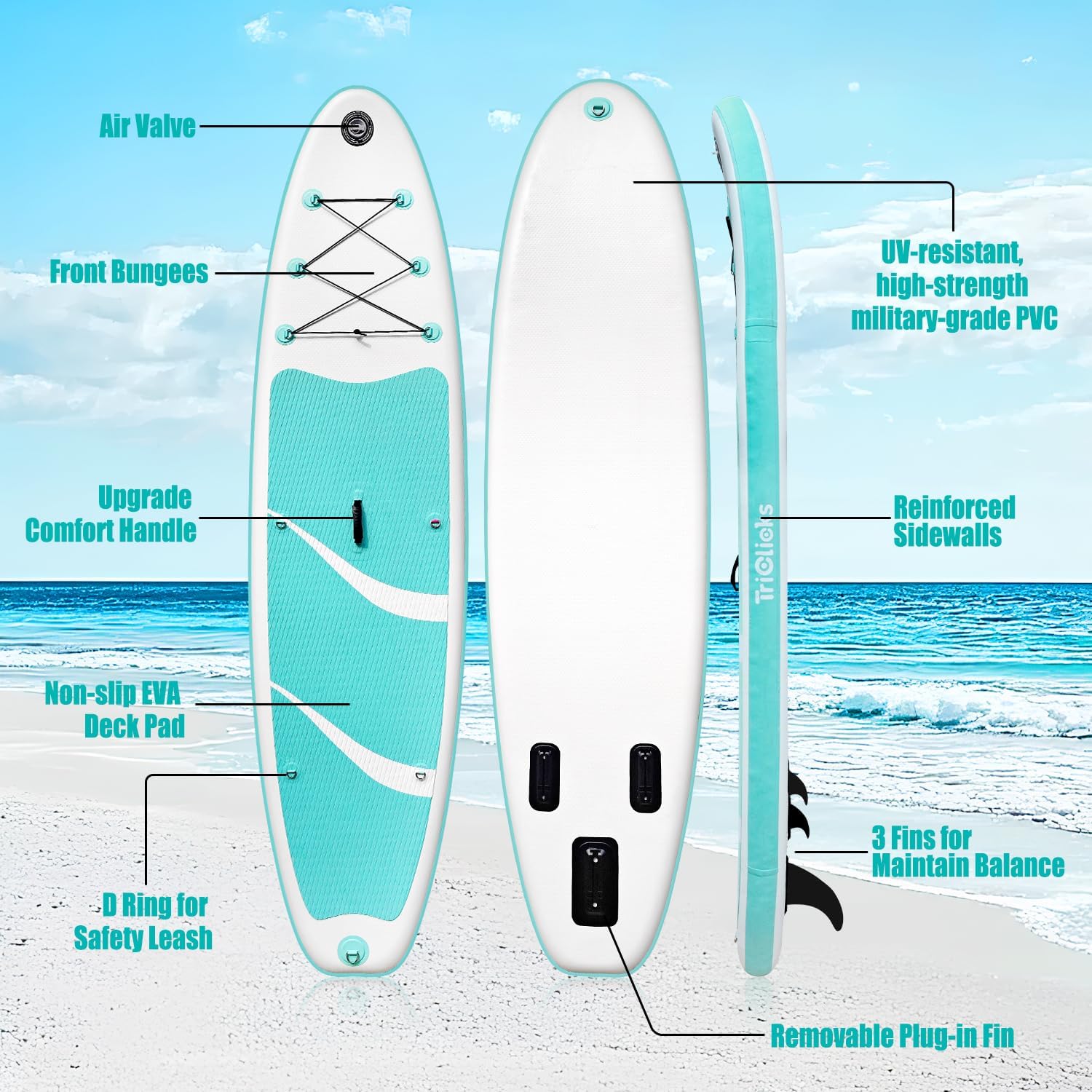 Triclicks Inflatable Stand Up Paddle Board 10ft Surfing Board Kit for Adults, Premium SUP Complete Kit with Adjustable Paddle Hand Pump Fin Leash Backpack