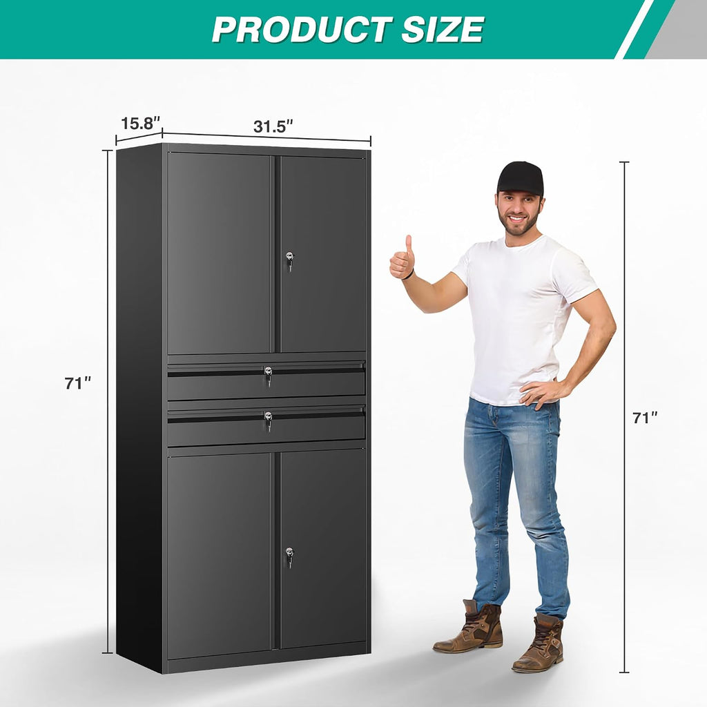 SISESOL Metal Storage Cabinet with Drawer and Locks,Black Garage Storage Cabinet with Locking Doors and Adjustable Shelves,71' Tall Large Metal Cabinets with Magnetic Door for Home,Office,Garage