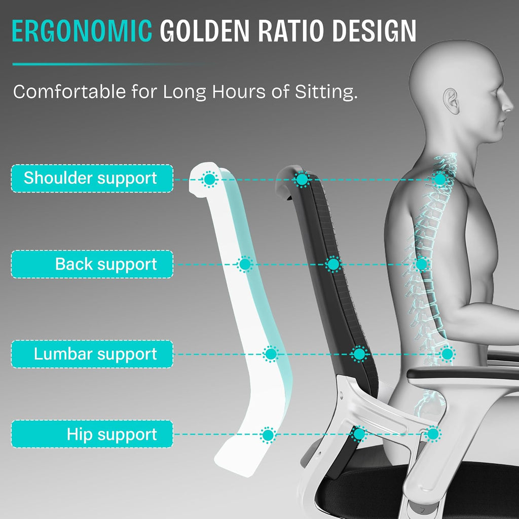 SUNNOW Office Chair, Ergonomic Computer Desk Chair, Sturdy Executive Task Chair - Adjustable Lumbar Support, Flip-up Arms, Tilt Function, Comfy Wide Seat, Swivel Mesh Home Office Desk Chairs (Black)