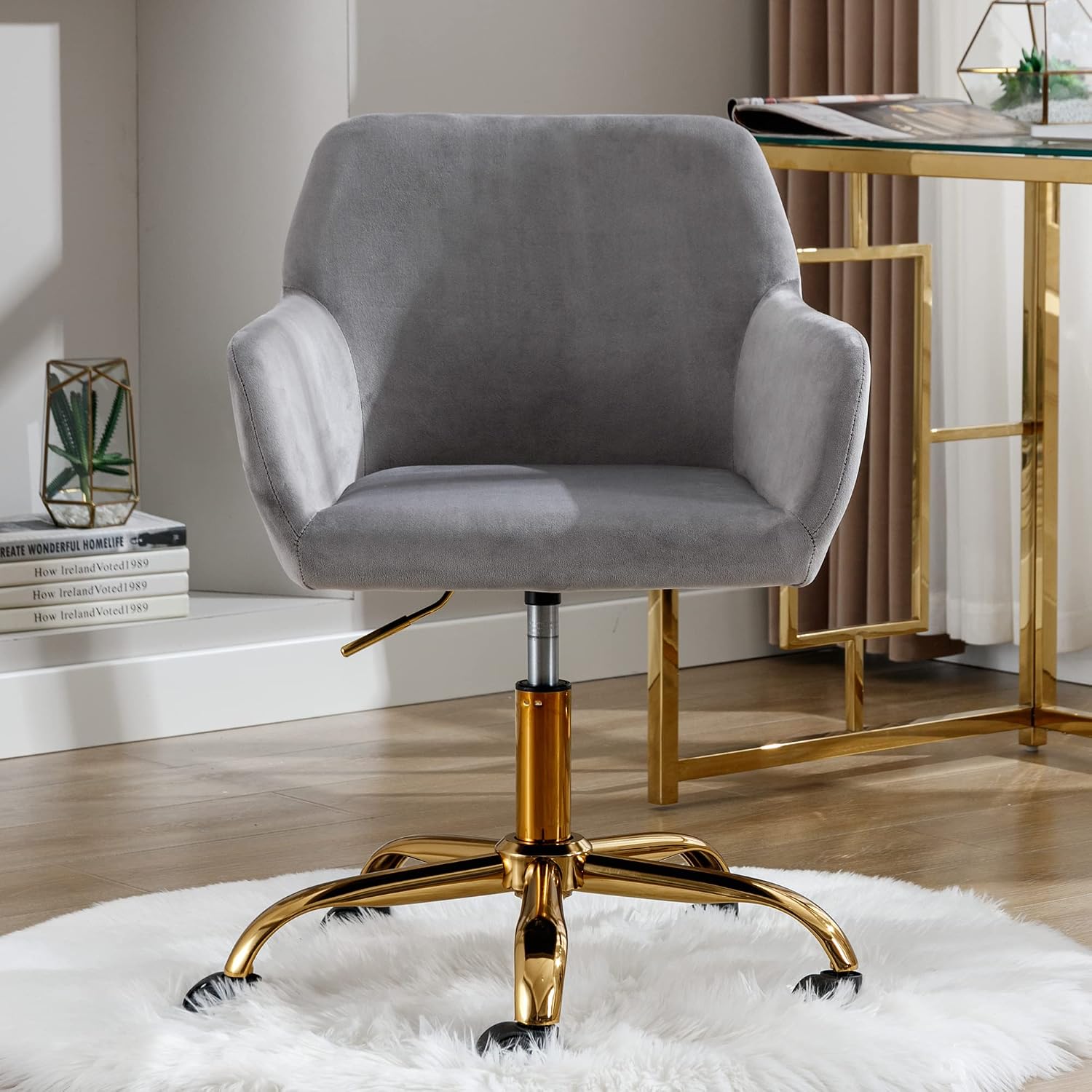 KCC Velvet Office Desk Chair, Comfy Swivel Modern Leisure Armchair with Wheels, Upholstered Comfy Velvet Fabric Makeup Chair Height Adjustable for Teens Women Girls Elegant Home Office, Gray