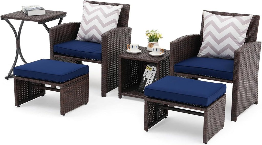 OC Orange-Casual 6 Piece Patio Wicker Furniture Set, Balcony All Weather Rattan Chair, with Space Saving Ottoman, Resin Nesting Coffee Table, Modern Design, Blue
