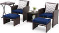 OC Orange-Casual 6 Piece Patio Wicker Furniture Set, Balcony All Weather Rattan Chair, with Space Saving Ottoman, Resin Nesting Coffee Table, Modern Design, Blue