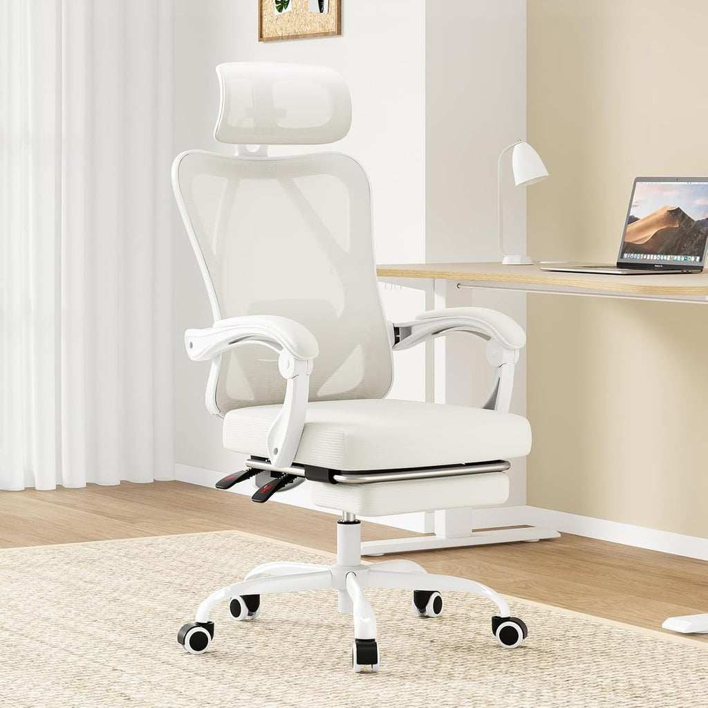 Farini Office Chair with Footrest, Ergonomic Mesh Office Chair with Headrest, High Back Desk Chair with Lumbar Support, Swivel Computer Chair for Office Study Room, White and Beige