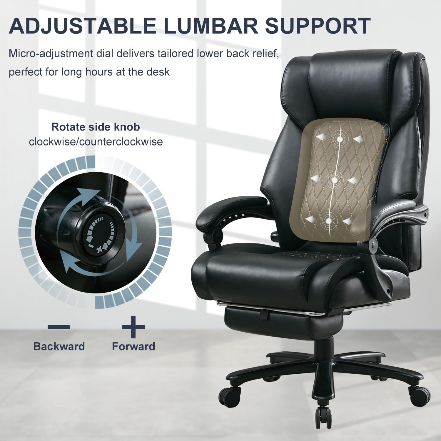 Reclining Office Chair with Retractable Footrest & Adjustable Lumbar Support - 500 lbs Capacity for Big and Tall Users, Leather Executive Desk Chair for Home Office, Work, and Relaxation, Black