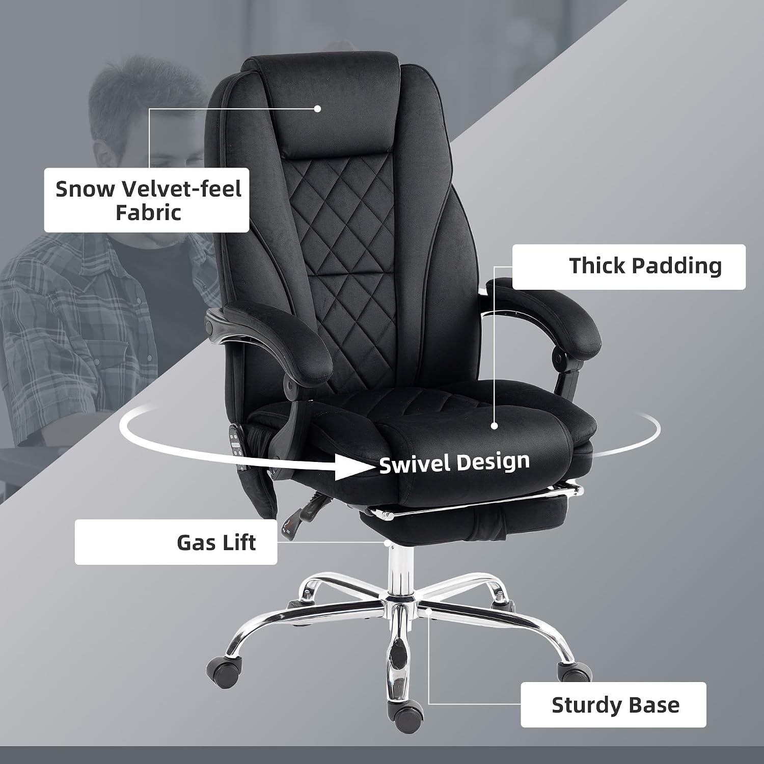 Vinsetto Massage Office Chair with Foot Rest, Executive Computer Desk Chair with 6 Vibration Point and Heat, Reclining Backrest, Swivel Wheels, Adjustable Height, Black