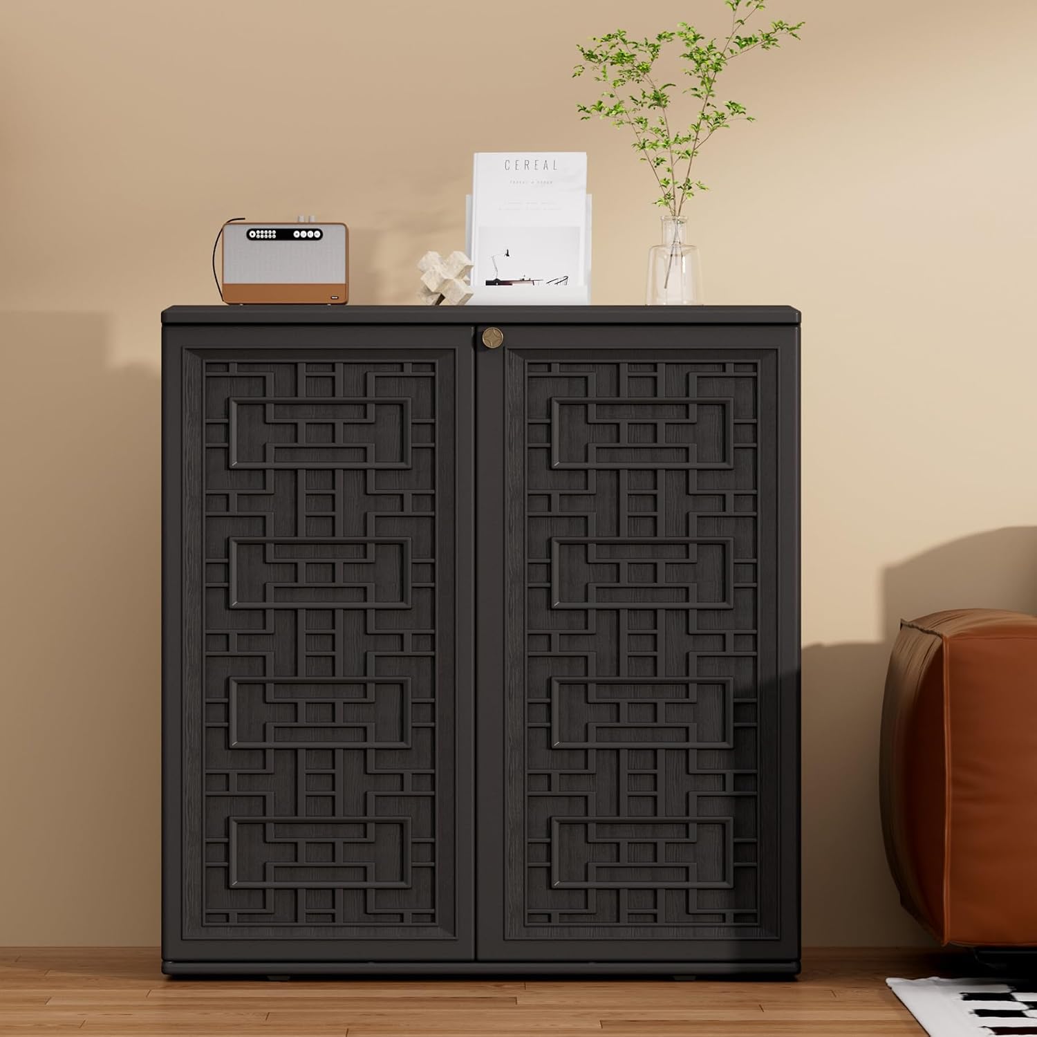 Mrosaa Indoor Outdoor Storage Cabinet Waterproof with Shelf,Plastic Storage Sheds Outdoor Cabinets for Patio/Garden/Backyard, Size 34.3''L*15''W*36.2''H（Black）