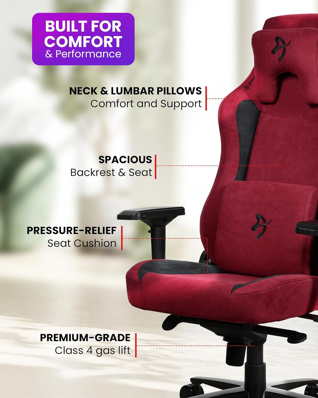 Arozzi Vernazza Supersoft Upholstery Material has a Unique Velvety Texture That is Fluid-Repellant and Breathable with Memory Foam Lumbar Support and 4D Armrest for Office and Gaming Chair - Bordeaux