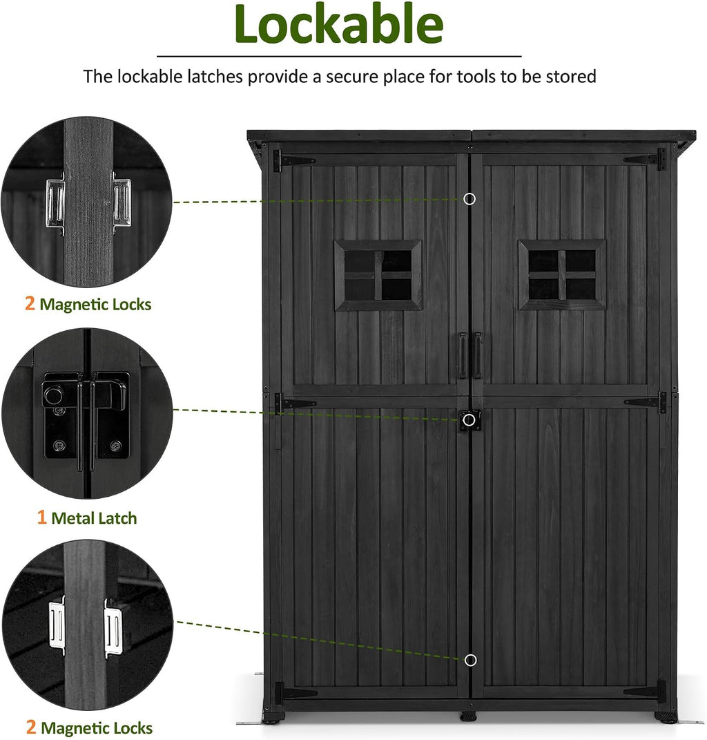 MCombo Large Wooden Outdoor Storage Cabinet with 2 Shelves, Oversize Garden Storage Shed with Lock, Tool Shed for Patio Yard Lawn, 1911 (Black)